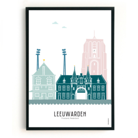 Poster Leeuwarden met Blokhuispoort en Stadion - kleur  - A4 | A3