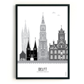 Poster Delft zwart-wit-grijs - A3