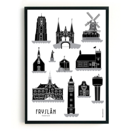 Poster Fryslân zwart-wit-grijs | 11 steden  - A4 | A3