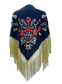 Manton Flamenco negro rojo oro flecos oro Mediana