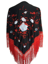 Manton Flamenco negro rojo blanco flecos rojo Mediana