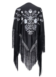 Manton Flamenco negro blanco flecos negro Grande