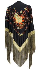 Manton Flamenco negro oro naranja flecos doble Mediana