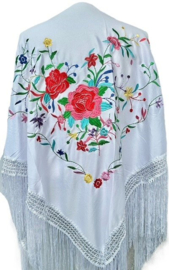 Spaanse manton  wit gekleurde bloemen Large