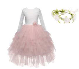 Communie bruidsmeisjes jurk roze kant laagjes + bloemen krans