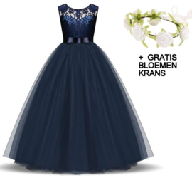 Communie jurk prinsessenjurk donker blauw + bloemenkrans