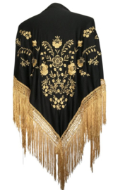 Manton Flamenco negro oro flecos oro Mediana