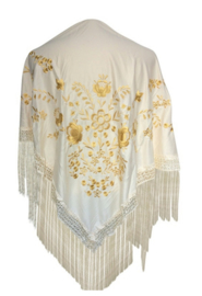Flamenco dance shawl off white golden flowers Medium