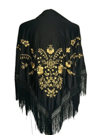Manton Flamenco  negro oro flecos negro Grande