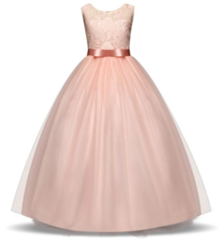 Communie jurk prinsessenjurk zalm roze + bloemenkrans
