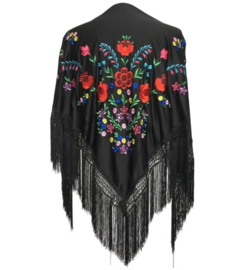 Manton Flamenco negro con flores flecos negro Grande