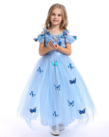 Prinsessenjurk blauw vlinders korte mouw Luxe + GRATIS kroon