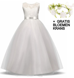 Communie jurk prinsessenjurk wit + bloemenkrans
