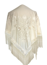 Flamenco dance shawl off white white flowers Medium