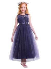 Communie jurk prinsessenjurk donker blauw + bloemenkrans