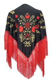 Manton Flameco negro rojo oro flecos rojo Mediana