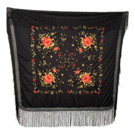 Spanish Flamenco Dance Shawl black red gold Square