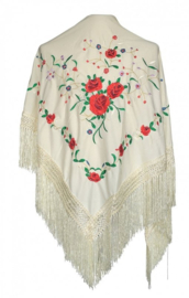 Manton Flamenco crema blanco rosas rojo Mediana