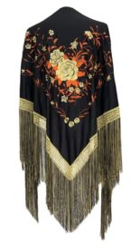 Flamenco dance shawl black orange gold Large