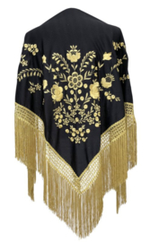 Manton Flamenco negro oro flecos oro Grande