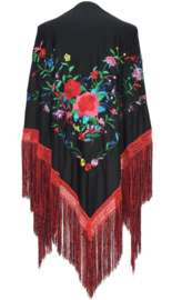 Manton Flamenco negro con flores flecos doble Grande