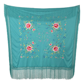 Spanish Flamenco Dance Shawl sea green with colored flowers Square