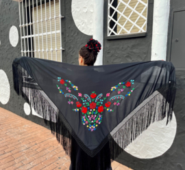 Manton Flamenco negro con flores flecos negro Grande