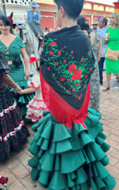 Manton Flamenco negro rojo verde flecos rojo Mediana