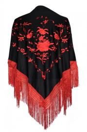 Spaanse manton omslagdoek zwart rood rode franjes Medium