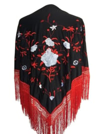 Spanish Flamenco Dance Shawl black red with white flowers and red Fringes Large