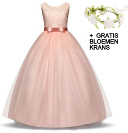 Communie jurk prinsessenjurk zalm roze + bloemenkrans