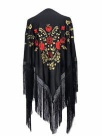 Manton Flamenco negro oro rojo flecos negro Grande