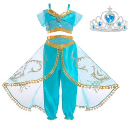 Jasmine Arabische Prinsessenjurk blauw + GRATIS kroon