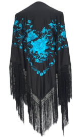 Manton Flamenco negro azul flecos negro Grande