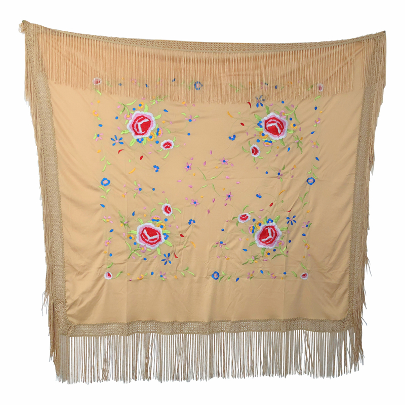 Spanish Flamenco Dance Shawl beige with colored flowers Square