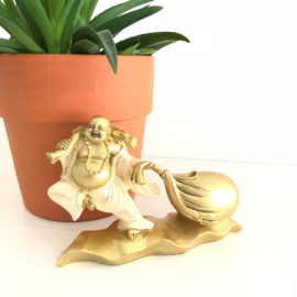 SALE:Happy Boeddha met zak,  goud/ creme