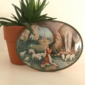 Vintage bol glas schilderij "verschijning van Maria, Lourdes"