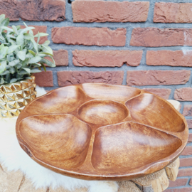 Vintage teakhouten serveer draaiplateau, 5 vaks, Lazy Susan