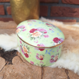 Vintage porseleinen trinket/ juwelendoosje; lichtgroen met rozendecor
