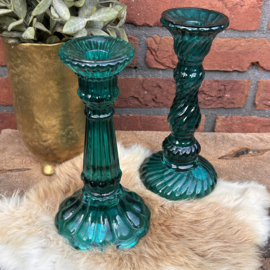 Vintage zeegroene glazen kandelaars, H 21 cm