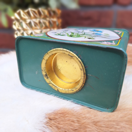 Vintage spaarpot blik planten en bloemen, groen