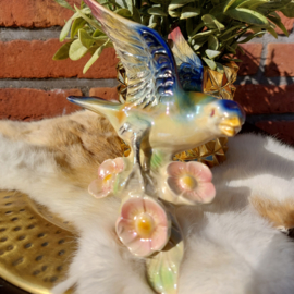 Vintage wandbeeldje 'Jeman Holland' vogel op tak met bloemen, gemerkt 411