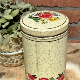 Vintage beschuit blik met bloemen op craquelé achtergrond, Verkade