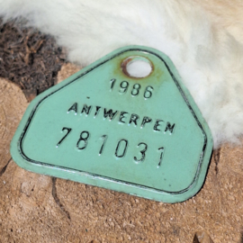 Vintage metalen fietsplaatje zeegroen : 1986, Antwerpen, 781031