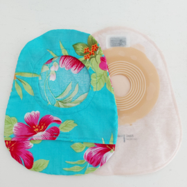 Stoma cover/ hoesje "Turqoise met rode bloemen"