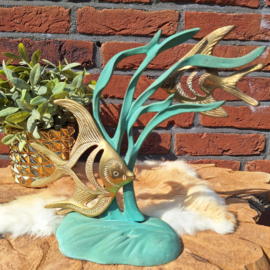 Vintage  decoratief stuk 'vissen' in  brass/ turquoise