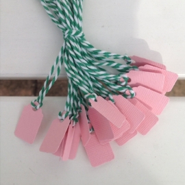 Prijs kaartjes( tags) licht roze S, groene draad (set van 20 stuks)