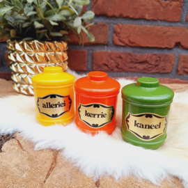 Vintage kruidenpotjes met labels, Jaren '70, Emsa?