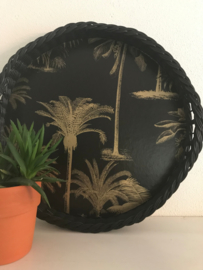 Vintage dienblad riet met nieuw decor "palmen", uit eigen atelier