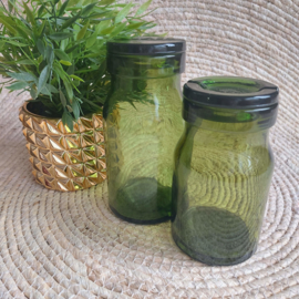 Vintage set van 2 grote groene glazen potten met deksel van "Bülach"